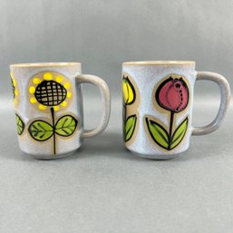 Set Of 2 Vintage Glazed Tulip And Sunflower Mugs - Japan