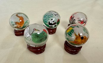 5 Very Small Glass Balls With Animal Motifs On Stands *LOCAL PICKUP ONLY - NO SHIPPING*