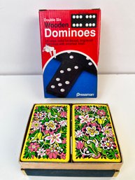 2 Decks Of Hippie Playing Cards And A Box Of Dominoes.