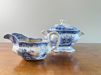 Transferware Blue & White Creamer And Large Sugar Bowl