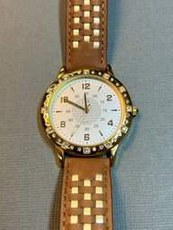 JBK Collection By Camrose And Kross Mens Round Face With Rhinestone And Leather Band