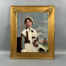Antique Litho Of Girl On Glass Gold Frame