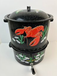 Vintage Double Steam Speckled Black Seafood Steamer Pot