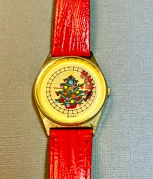 Holiday Tree And Train Movement Watch With Red Case