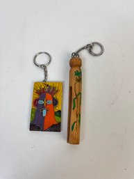 2 Art Key Rings Mask Is From Ecuador, Clothespin Has Grasshopper On It.