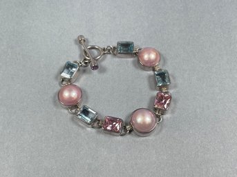 Sterling Silver, Gem Stone & Pearl Toggle Clasp Bracelet