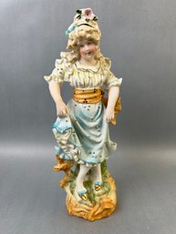 Vintage Bisque Figurine Woman In Blue Dress - Germany