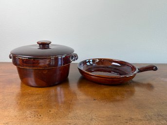 Stoneware Brown Bean Pot And Small Skillet