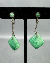 Green Stone Dangle Screw Back Earrings - Czechoslovakia