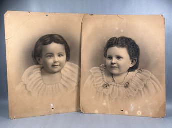 Pair Of Old Charcoal Images Of Children