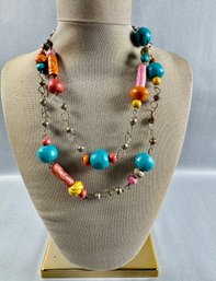 Colorful Clay Beads On Metal Necklace