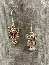 Silver Tone Owl Drop Earrings