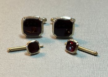 Set Of 2 Gold Tone With Red Accent Cufflinks