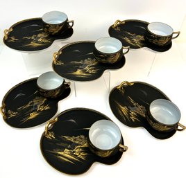 Vintage Japanese Luncheon/tea Set Matte Black With Gold Design