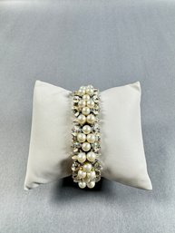 Faux Pearls On Silver Tone With Crystals Bracelet