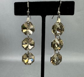 2 Inch Dangle Tan Rhinestones Pierced Earrings