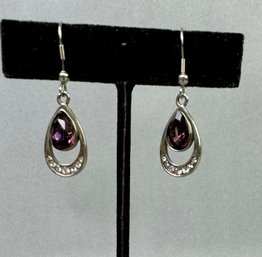 Silver Tone Rhinestone & Purple Stones Pierced Earrings