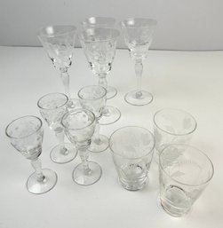 Vintage Etched Floral Design Dessert Drinking Glasses