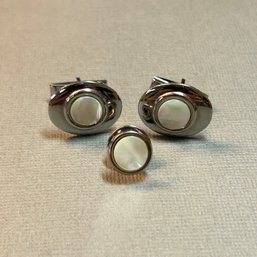 Set Of Silver Tone And Abalone Cufflinks And Tie Pin