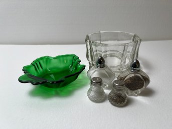 Lot Of 4 Serving Items - Salt & Peppers, Nut Bowl, Clear Glass Dish, No Lid