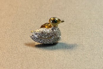 Gold Tone And Rhinestone Duck Tie Pin