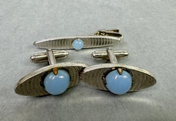 Vintage Tie Clasp And Pair Of Cufflinks With Blue Stone Stamped With A