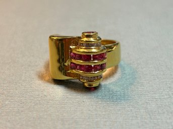 Gold Tone Over Sterling Silver Ring With Red And Clear Stones