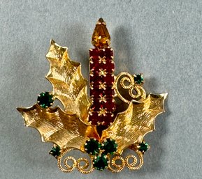 Gold Tone Bejeweled Christmas Candle Brooch
