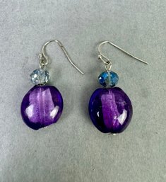 Silver Tone Pierced Earrings With Purple & Blue Stones