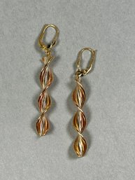 14k Tri Tone Drop Twist Pierced Earrings