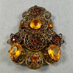 Gold Tone Open Weave Brooch With Fall Color Stones