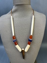 Native American Leather,  Bone, Glass And Antler Necklace