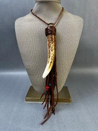 Vintage Native American Antler, Leather And Bead Necklace Flask.