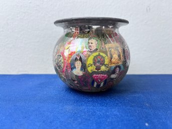 Small Glass Spittoon With Decorated With Cigar Labels.