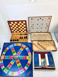 Family Night Fun, 3 Board Games, Original Trivial Pursuit, Carved Wood Figure's Chess Set And Scrabble.