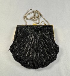 Black Beaded Evening Bag With Long Silver Mesh Strap By Hillard Hanson