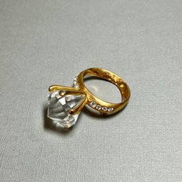 Huge Faux Diamond Gold Tone Ring Brooch.