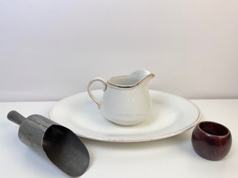 Homer Laughlin Small Platter, Gravy Pitcher, Wood Burl Napkin Ring  And A 7.5 Tin Scoop  *Local Pickup Only*