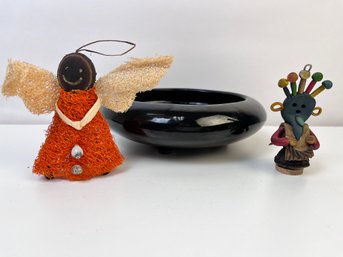 Andean Folk Art Loofah, Shell & Tagua Nut Angel, Ecuadorian Clay Kichwa Figure And A Low Black Footed Bowl.