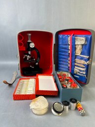 Vintage Sans & Streiffe No 516 Microscope With Case And Other Material's Needed For A Microscope Experience.