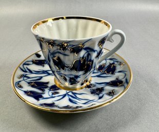 Vintage Imperial Lomonosov Russia Blue And White Cup And Saucer With Bluebells- USSR -Local Pick Up