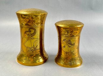 Two Vintage Heavy Brass Indonesian Brass Lidded Containers