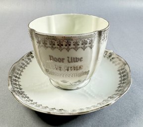 Silver Tone And White Cup And Saucer, 25th Anniversary-local Pickup