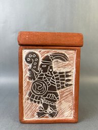 Terra Cotta Covered Container Made In Mexico Signed LO.