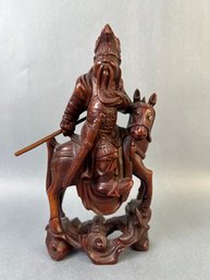Vintage Asian Wood Carved Mounted Warrior.
