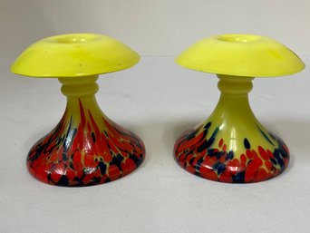 Set Of 2 Mid Century Hand Blown Glass Candelabras