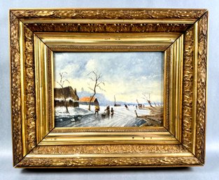 Antique Dutch Winter Scene Oil Painting In Gold Gilded Frame *Local Pickup Only*