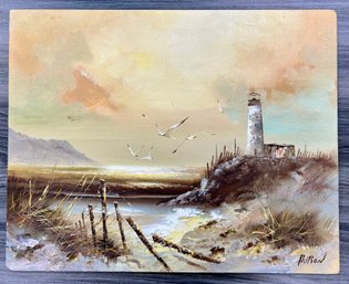 Light House And Seagulls Painting  - Signed Hudson