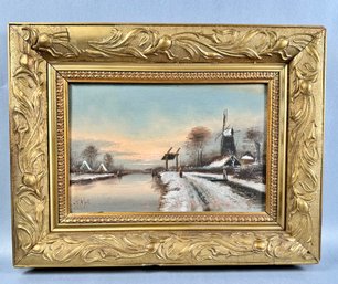 Beautiful Antique Dutch Winter Scene Oil Painting In Gold Gilded Frame Signed
