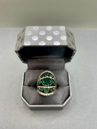 Large Silver Ring With White And Green Stones, With Gold Tone Accent ~ Size 7.75